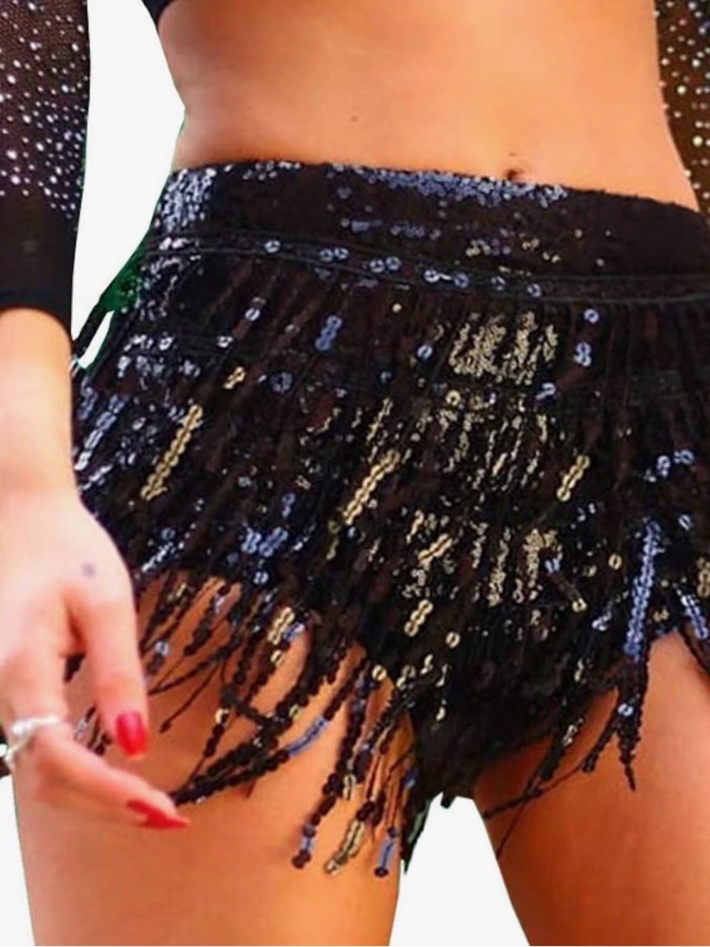 Women's Black Sequin Fringe Mini Skirt - Party & Dance